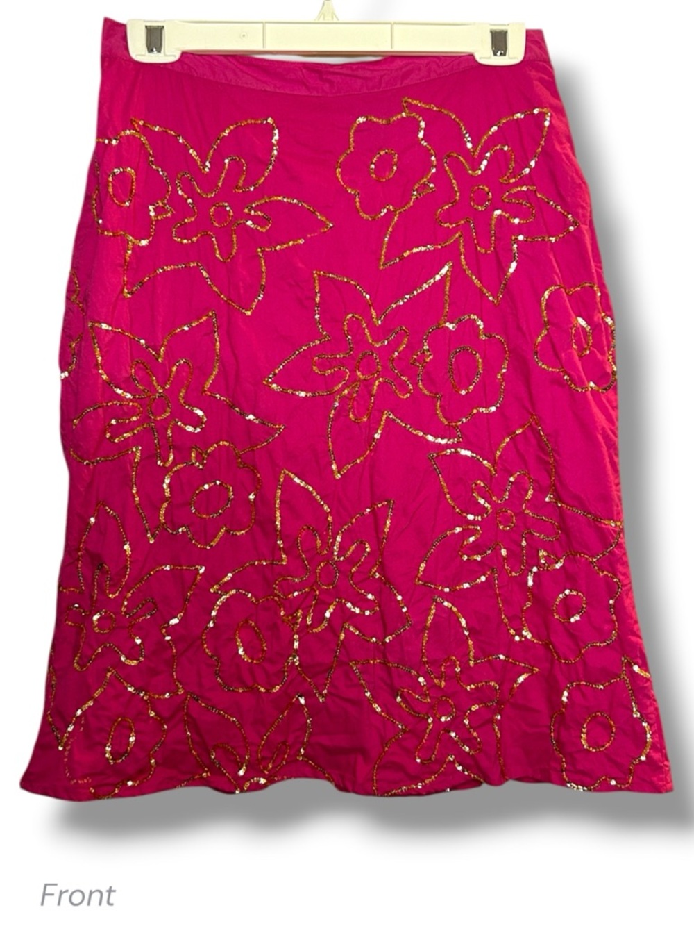 Vintage 100% Cotton Hot Pink Gold Sequin Floral A-Line Above Knee Lined Skirt 6